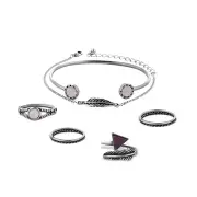 2 Sets Arrow Rings Feather Chain Crystal Bracelets Jewelry Set SILVER COLOUR