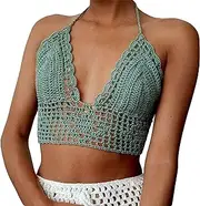 [SYNEELIFE] Crochet Halter Tops for Women Backless Camisole Knit Bra Tops Bralette Summer Beachwear