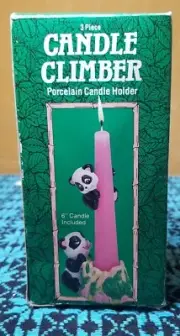 Vtg NIB 3pc Porcelain Panda Climber Holder Set 6" Pink Taper Candle Holder