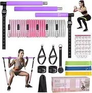 Pilates Bar Kit with Resistance Bands, Upgraded Multifunctional Screw Yoga Pilates Bar with Metal Adjustment Buckle, Portable Home Gym Pilates Bar for Women Full Body Workout Equipment Purple