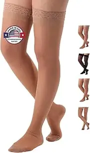 Made in the USA - Sheer Compression Stockings - Thigh High with 3 inch comfortable lace grip top - Medium Support 15-20mmHg - Nude, Size XL- A102NU4 Absolute Support
