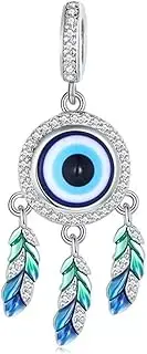 [Generic] Lucky Hamsa Evil Eye Dream Catcher Dangle Charm Protection Fatima Genuine 925 Sterling Silver Compatible With Bracelet
