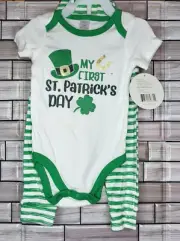 New Baby Kiss 6-9 Months 3 Piece Outfit My 1st St. Patrick's Green White Cap