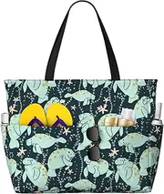 [Ghjkfbf] Manatee Animals Calf Print Large Capacity Beach Travel Bag For Family, Beach Tote Bag For Women With Zipper Pockets, Black, One Size