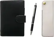 Eco B7 Cowhide Leather Mini Notebook and Horizontal Hook Pen Case White Metal & Pitch Grip Ballpoint Pen Set Black LS002B-NK01W-WZ2067BP-B