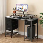 120cm Computer Desk Advwin RGB LED Gaming Desk with Power Outlets Monitor Stand Workstation with Removable Drawers Grey