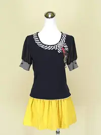 在飛比找Yahoo!奇摩拍賣優惠-kae Leei 凱蕾 靛藍圓領短袖雪紡紗棉質上衣M(9號)