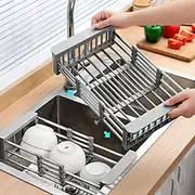 Retractable Dish Drying Rack Stainless Steel, Expandable Kitchen Strainer Drain Draining Basket Over the Sink Adjustable Armrest, Washing Bowl Shelf for Vegeta