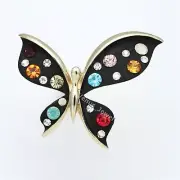 Gold Plated Matte Black Wings Butterfly Multi-Color Crystals Brooch Pin B1085