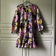Current Air Anthropologie Tiered Mini Dress Floral Balloon Sleeve Linen Blend M