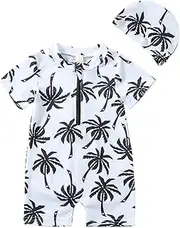 [Generic] Boy Swimsuit Size 5 Summer New Short Sleeved Coconut Tree Print 1 Piece Swimsuit + Swimming Cap Fashion Boy Swimsuit Suit Boy Swimsuit Size 12
