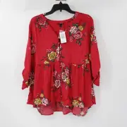 NWT torrid blouse women's 1 roll tab sleeve floral red button front rayon top