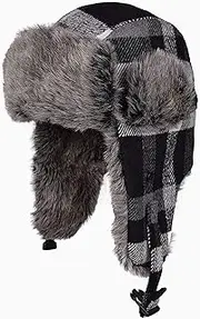 [CVMRBY] Winter Hats,Bomber Hat Plaid Bomber Hat Trooper Trapper Hat Faux Fur Aviator Hat Winter Pilot Cap Keep Warm for Ski Black