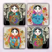 Matryoshka doll Collection Nesting Dolls - Set of 4 Glass Tile Magnets 1.18" sq