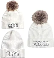 [Kunyeah] 3Pcs Parent-Child Beanie Hat Mama Papa Baby Matching Hats Winter Warm Cap with Pom-Pom Women Men Knitted Hat