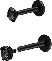 [Pierstyles] 16G 18G Titanium Internal Thread CZ Stud Earrings Flat Back, Silver Black Tragus Helix Conch Cartilage Piercing Jewelry for Women Men 6mm 8mm 10mm Labret Studs 2PCS