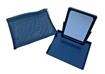 NIP Mary Kay Black Folding Travel Makeup Mirror w/ Tray Stand plus Mesh Zip Bag