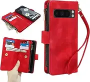 [GoshukunTech] for Google Pixel 9 Pro XL 5G Wallet Case with 9 Card Holders,for Pixel 9 Pro XL Case Zipper Coin Pocket PU Leather Flip Cover Kickstand Protective Phone Purse with Wrist Strap-Red