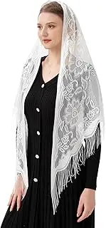 [PAMOR] Triangle Catholic Church Veil Chapel Veil Scarf Mantilla Veils Wrap Shawl Mass Head Covering with Fringe Trim