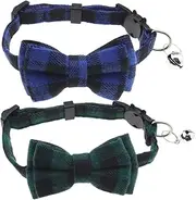 SING F LTD 2PCS Dog Collars with Bell and Bow Tie Cute Plaid Collars with Soft Comfortable Bowknot and Adjustable Buckle for Dogs Cats Pets Blue Green S Size
