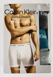 3-Pack Calvin Klein Men’s Cotton Stretch Boxer Brief, Dk Grey/Grey/Teal - Large