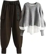 [Generic] Women's Loose Fake Two Piece Knitted Sweater And High Waist Haren Pants Two Piece Set Jogging Traksuits