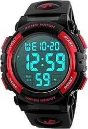 Men's Digital Sport Watch Waterproof Led Electronic Military Wrist Watch with Alarm Stopwatch Calendar Date Window (Red)