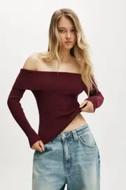 [Cotton On Women] Cotton On Women - Asym Rib Off Shoulder Knit - Sour cherry XL SOUR CHERRY