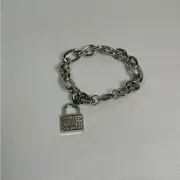 Louis Vuitton Stainless Silver Chain Bracelet Padlock Charm Rhinestones