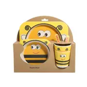 Baby Dish Tableware Set Cartoon Fork Feeding Dishes for Kids Utensils Natural Bamboo Fiber Bowl With Cup Spoon Plate(Yellow Bee)