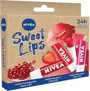 NIVEA Sweet Lips Lip Balm Gift Set (3 Pack) | Tinted Lip Balm Set with Shea Butter & Natural Oils | Includes 3x Fruit Flavours: Watermelon, Strawberry & Pomegranate | 24-hour Moisture