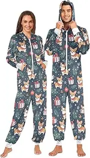 [ZZXXB] Corgi Dog Pine Branch Onesie Pajamas for Adult Women Men Long Sleeves One Piece Onesies Hooded Sleepwear S - XL