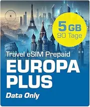 Simmetry Europe Plus Data eSIM 5GB 90 Day Compatible with eSIM Enabled iOS and Android Devices Hotspot Sharing Allowed Ideal for Long Trips or Long-Lasting Use