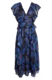 Ted Baker London Vertey Pinnafore Ruffle Blue Floral Midi Dress Sz 1 US 2-4 New