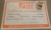 Home Depot Kid's Binoculars Workshop Kit Pin and Certificate. No Kit.