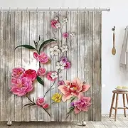 Beautiful Wood Rustic Multi-Colored Floral Shower Curtain Set with12 Hooks, Blossom Shower Curtain Set Fabric Bath Curtain 12 Hooks Size: 71×71 Inches