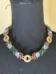 Talbots Emerald Green Amethyst Blue Crystal Stone Jeweled Necklace Gold Tone