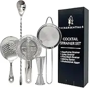 TheBarsentials Cocktail Strainer Set Stainless Steel Bar Tools with Stirring Spoon - Hawthorne Strainer, Julep Strainer, Fine-Mesh Strainer, Jigger for Drinks