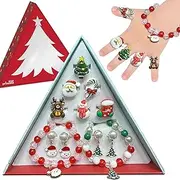 Christmas Stocking Stuffers Jewel Rings for Kids, Holiday Dress Up Jewelry Set - Rings, Bracelets, Clip-On Earrings for Girls in Christmas Tree Gift Box, Christmas Gift for Girls Age 3 4 5 6 7 8,