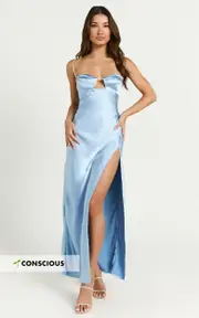 Abby Maxi Dress - Bias Cut Diamante Trim Dress in Dove Blue