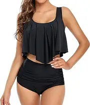 [Edelqual] Tankini Swimsuits for Women Two Piece Bathing Suits Ruffled Flounce Top with Bikini High Waisted Bottom (Black, S)