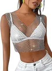 [ChiaoLezhee] Iridescent Rhinestone Tanks, Fishnet Rave Concert Outfits Women, Sheer Mesh Crop Top, Sexy Sparkly Festival Shirt