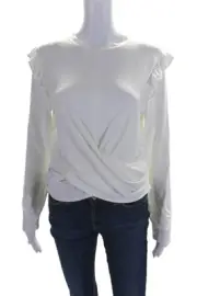 Aqua Womens Ruffle Trim Round Neck Long Sleeve Pullover Blouse Top White Size L
