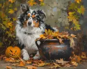 8x10 Matte Print_ Australian Shepherd posing by Halloween cauldron