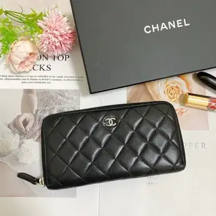 [二手] CHANEL 經典雙C LOGO小羊皮銀扣拉鍊長夾