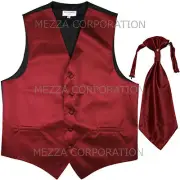 New Men's Tuxedo Vest Horizontal Stripes Ascot Cravat prom party Burgundy formal