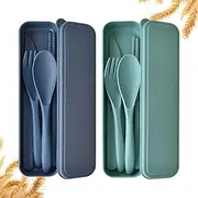 Travel Cutlery Set with Case, Wheat Straw Travel Utensils Spoon Knife Fork and Chopsticks, Portable Reusable Cutlery Set for Camping Picnic Birthday Work (Dark Blue + Dark Green)
