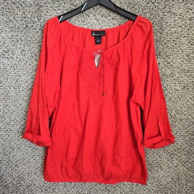 Lane Bryant Top Womens 14 Red Peasant Blouse Semi Sheer Neck Tie Casual