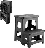 Folding 2-Step Stool, Non-Slip Foldable Portable Footstool 8" & 17" Dual Heights, Hold up to 250 lb, Plastic Collapsible Step Stools for Kitchen Bathroom Bedroom Home Toilet RV (Black)