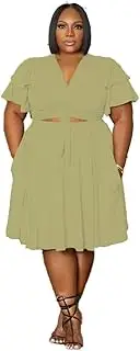 [GOODYEZZ] Plus Size Two-Piece Womans' Skirt Set - Casual V-Neck Top and Above Knee Woman Skirt, Green, 3X-Large